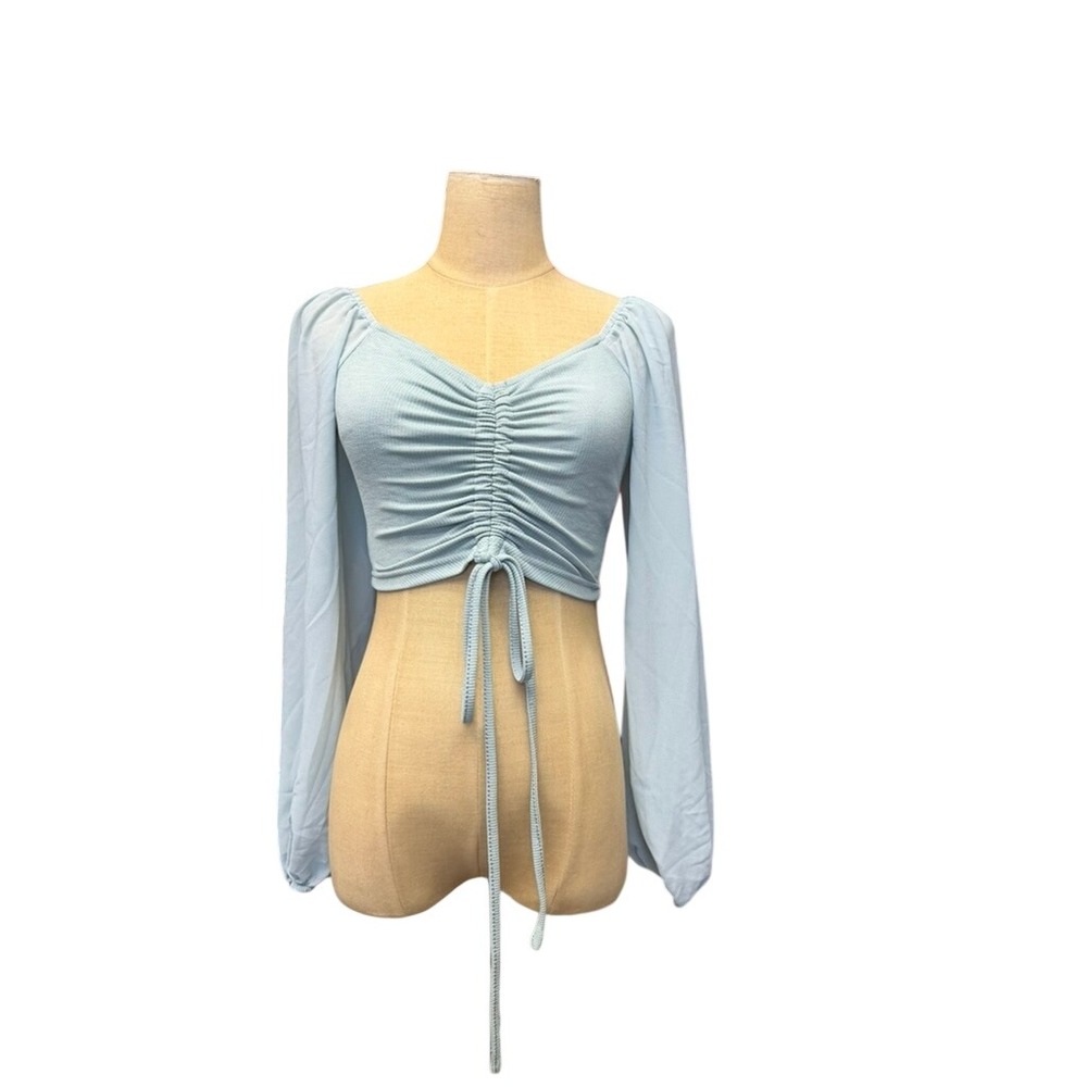 Light Blue Ruched Drawstring Crop Top Off Shoulder Balloon Sleeve Ribbed Knit - Picture 2 of 7